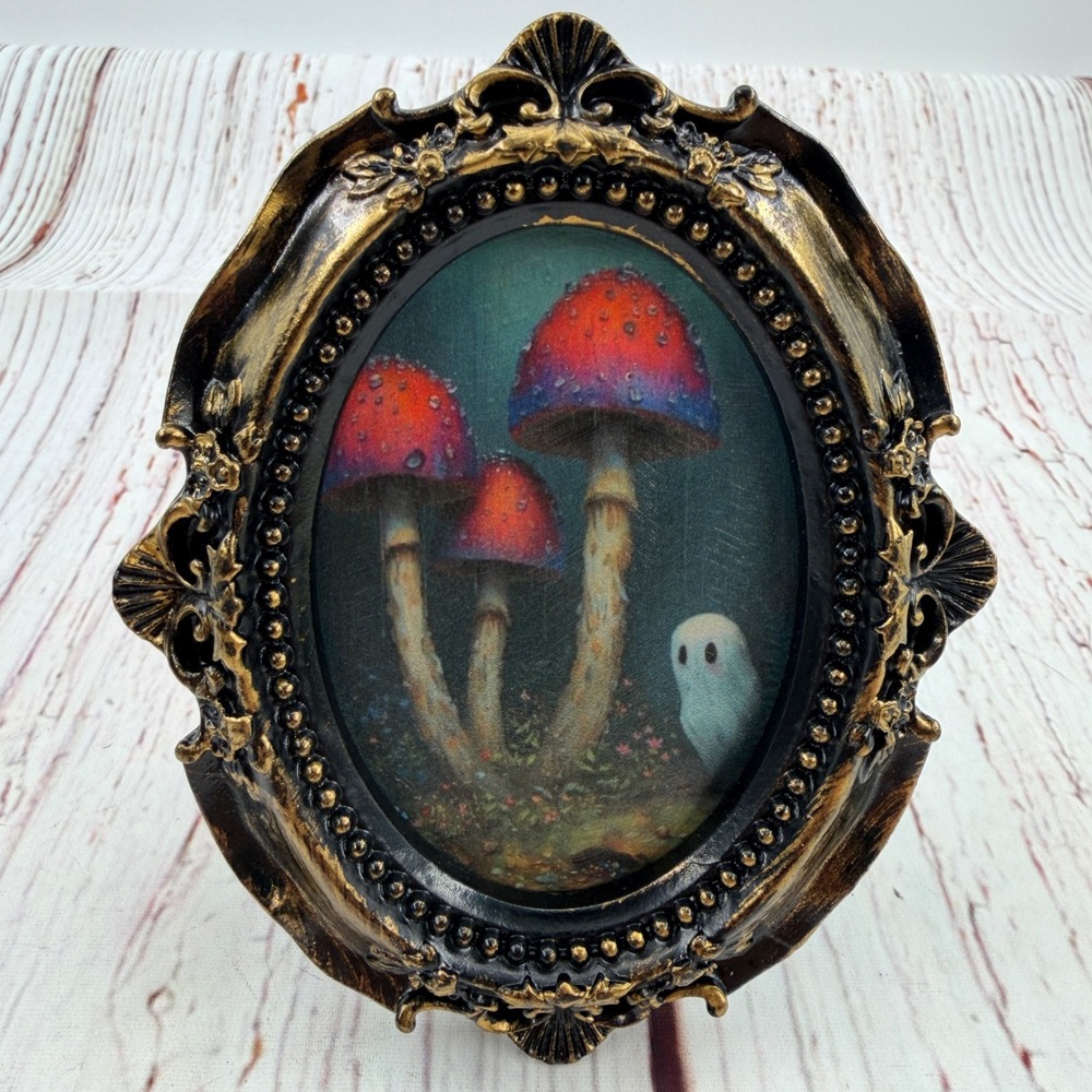 Handmade Ghost and Mushroom Decoupage Art Ornate Gold Resin Frame